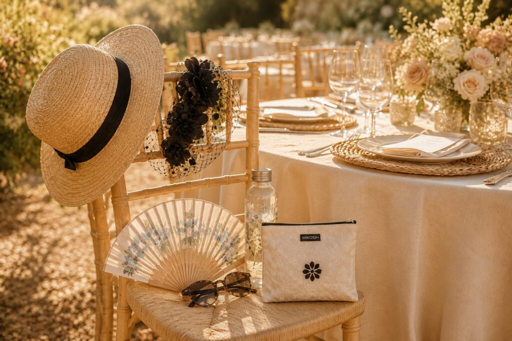 Pamela, tocado artesanal, abanico, bolso y accesorios de Mikosih preparados para una boda de verano en un jardín.