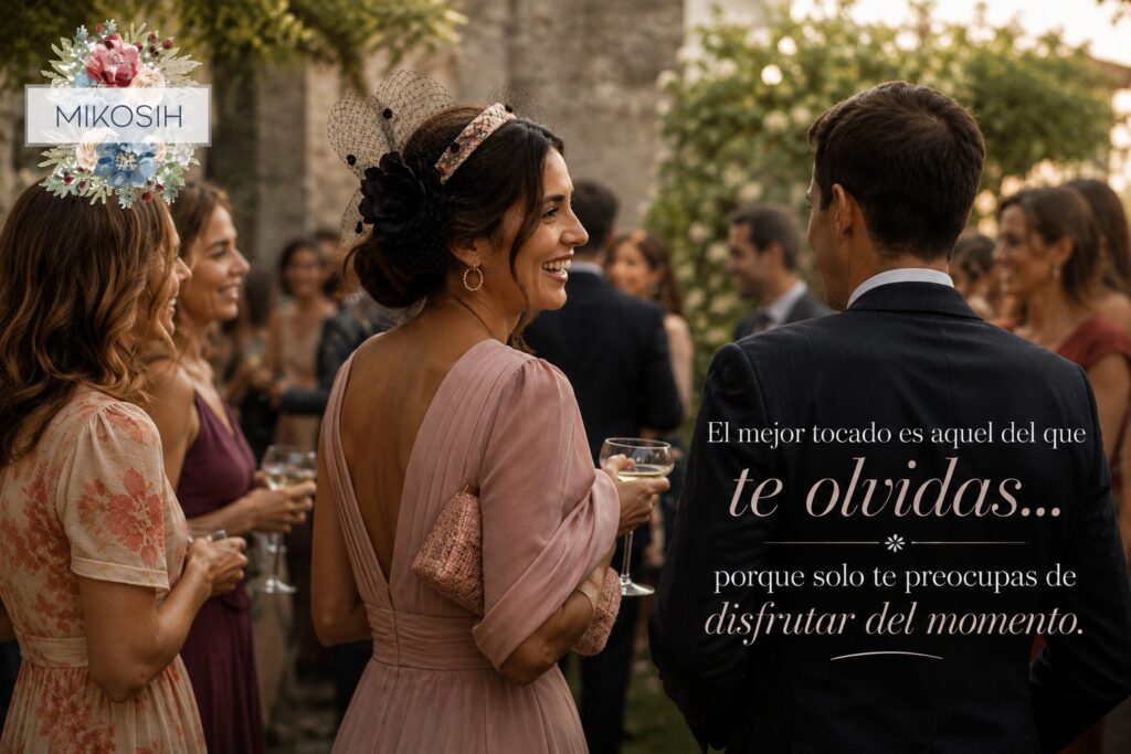 Invitada disfrutando del cóctel en una boda de verano con tocado artesanal, peinado elegante y bolso de Mikosih.