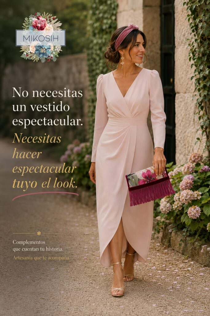 Invitada con vestido sencillo, diadema de terciopelo y bolso artesanal Mikosih en un elegante look de boda.