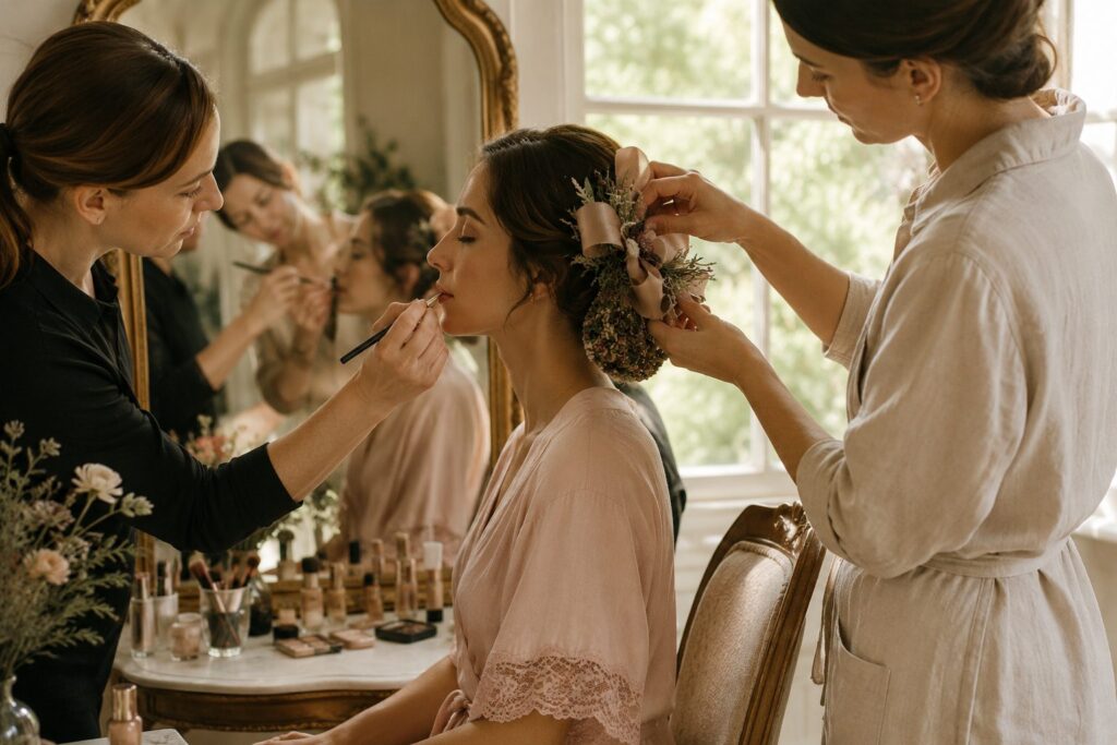 Maquilladora realizando los últimos retoques mientras colocan un tocado artesanal de Mikosih durante los preparativos de una boda.