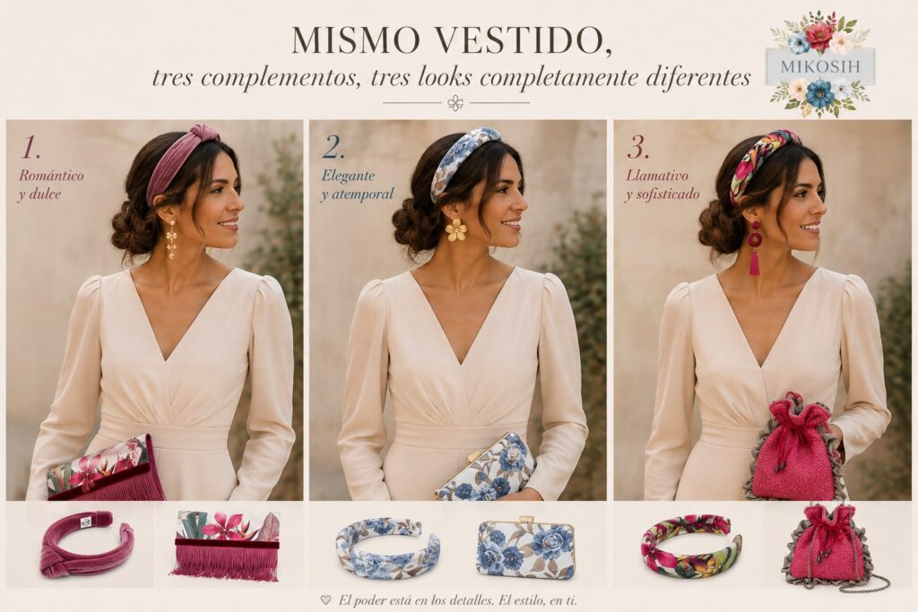 Mismo vestido sencillo combinado con tres complementos artesanales Mikosih para crear tres looks de invitada diferentes.