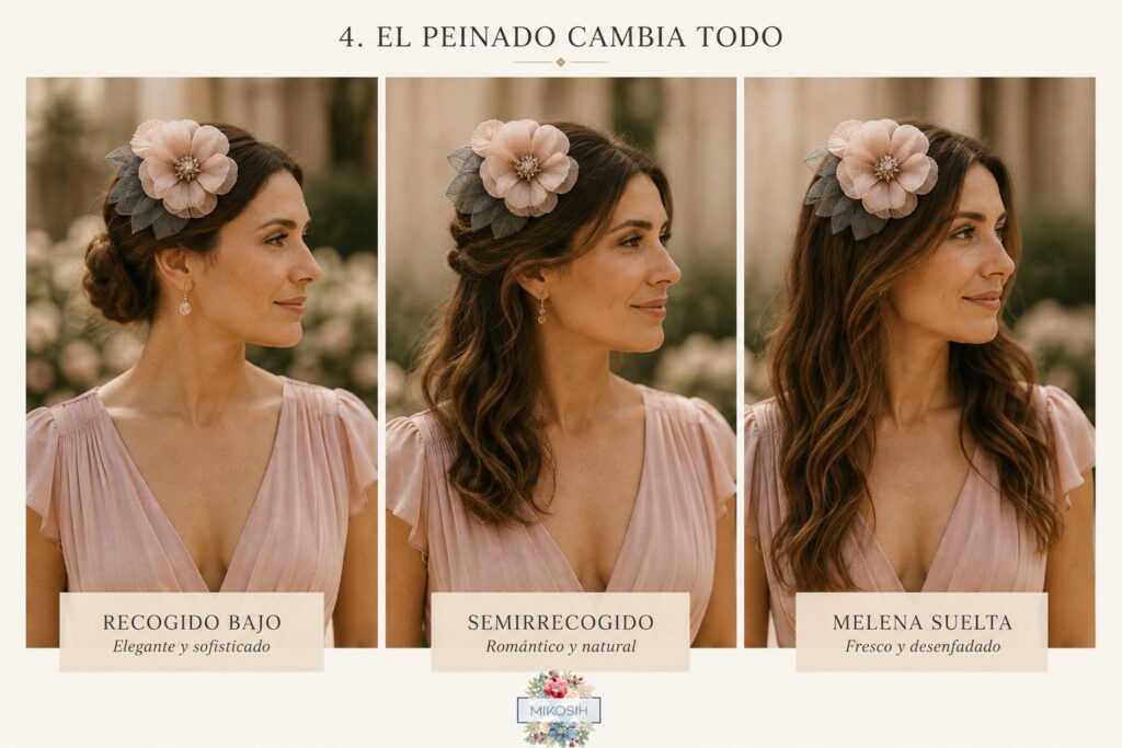 Comparativa del mismo tocado artesanal de Mikosih con tres peinados diferentes: recogido bajo, semirrecogido y melena suelta para una boda de verano.