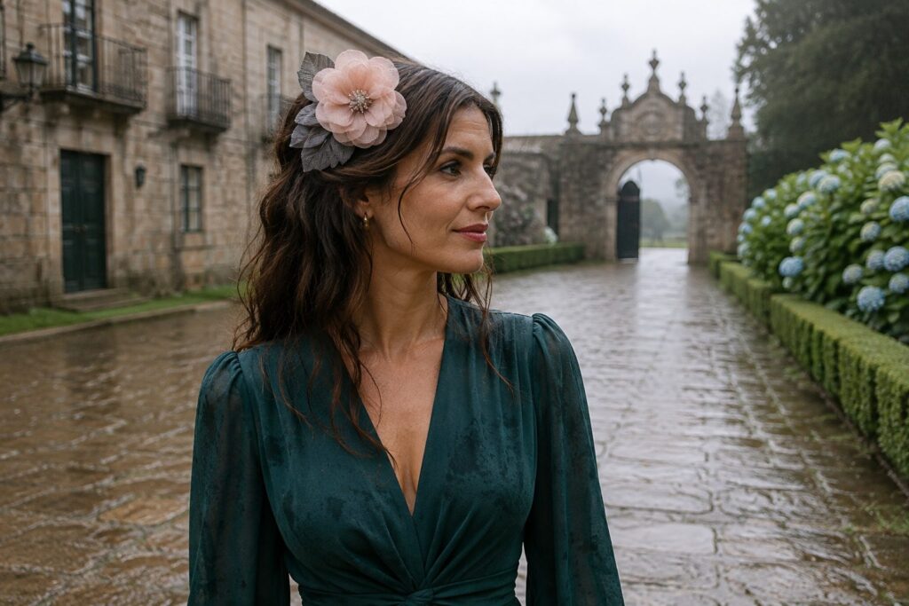 Invitada con tocado artesanal de Mikosih en una boda celebrada en un pazo gallego después de una lluvia de verano, con el peinado intacto.