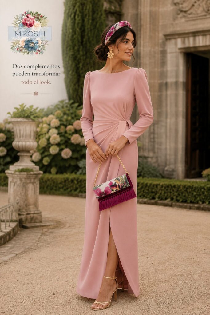 Invitada con vestido rosa sencillo combinado con diadema y bolso artesanal Mikosih en un elegante look de boda.
