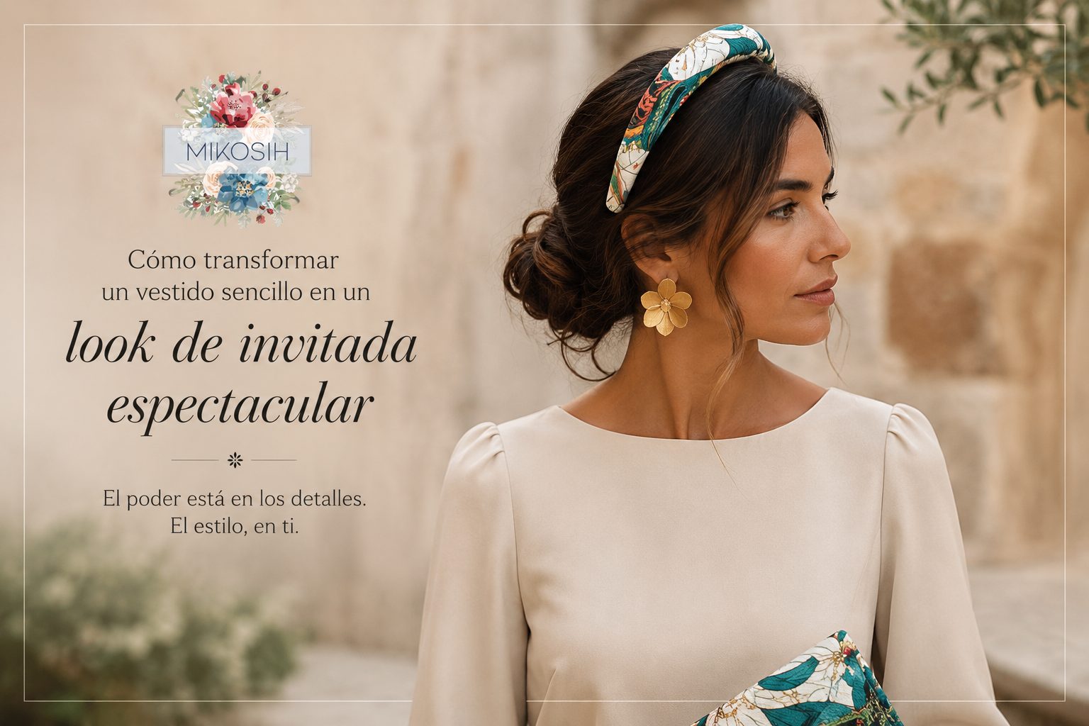 Invitada con vestido sencillo y diadema artesanal de Mikosih como protagonista del look.