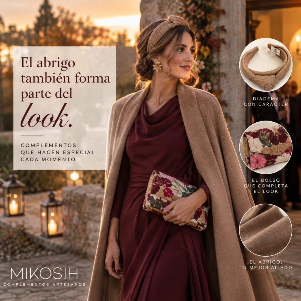 Invitada de boda de tarde en otoño con vestido burdeos, abrigo camel, diadema y bolso artesanal Mikosih