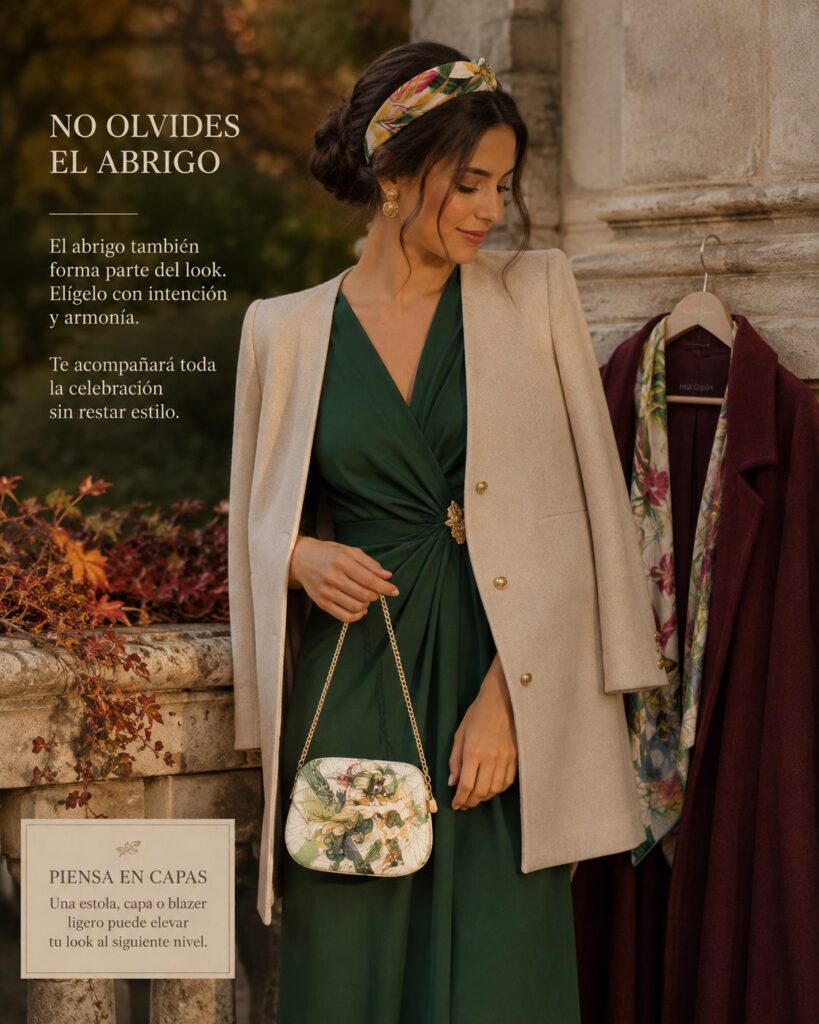 Invitada de boda en otoño con vestido verde, abrigo beige, diadema y bolso artesanal Mikosih