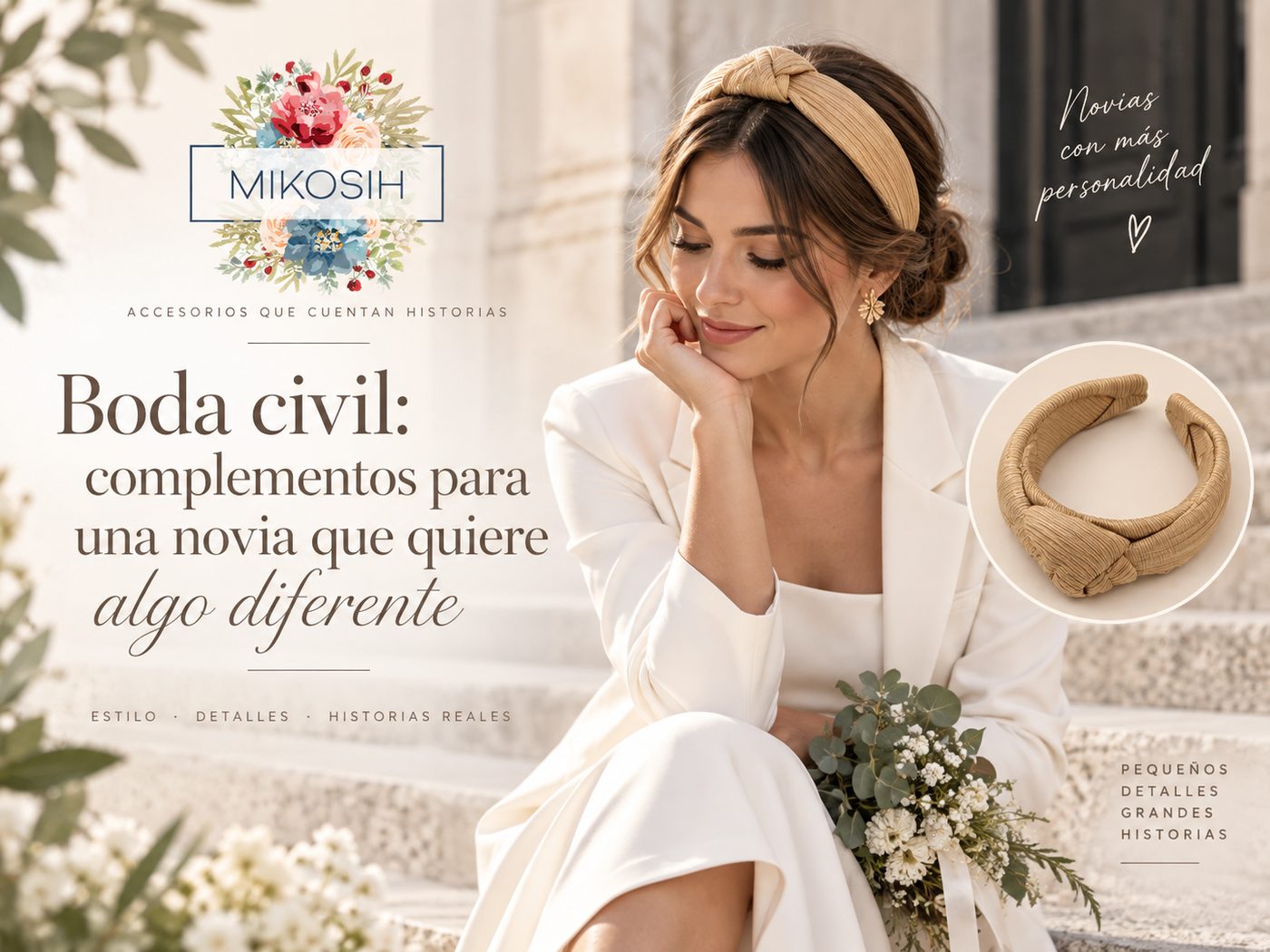 Novia civil con traje blanco y diadema artesanal Mikosih en tonos dorados