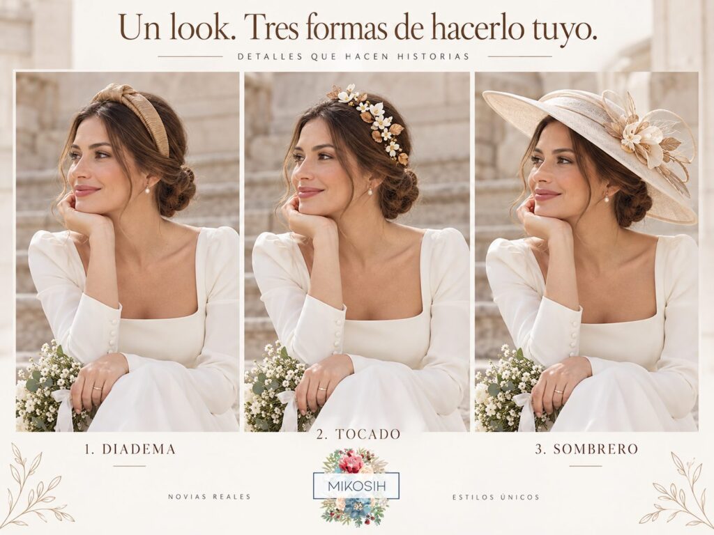 Novia civil con tres estilos de complemento: diadema, tocado floral y sombrero Mikosih