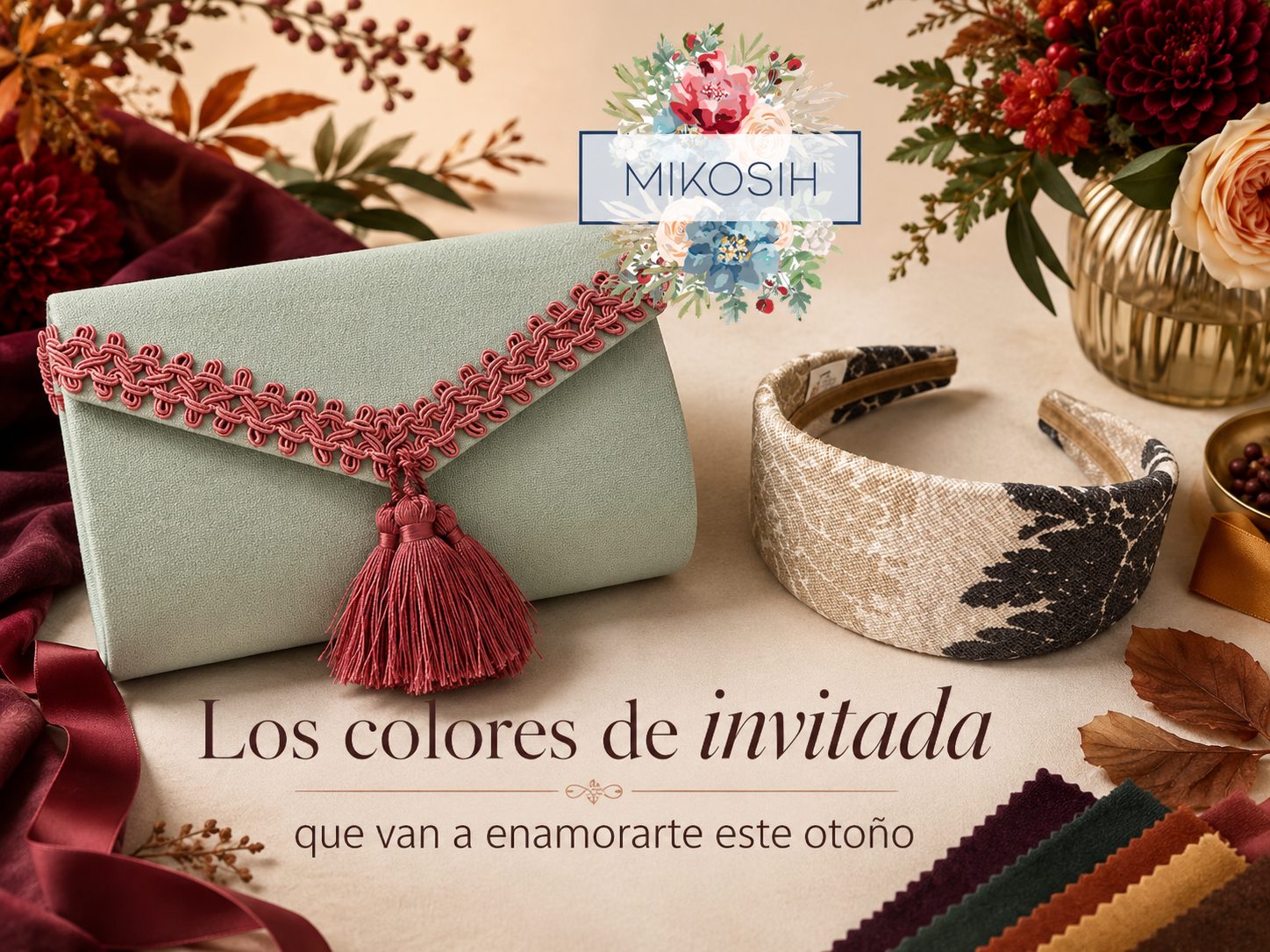 Complementos artesanales Mikosih en tonos otoñales con bolso y diadema para looks de invitada