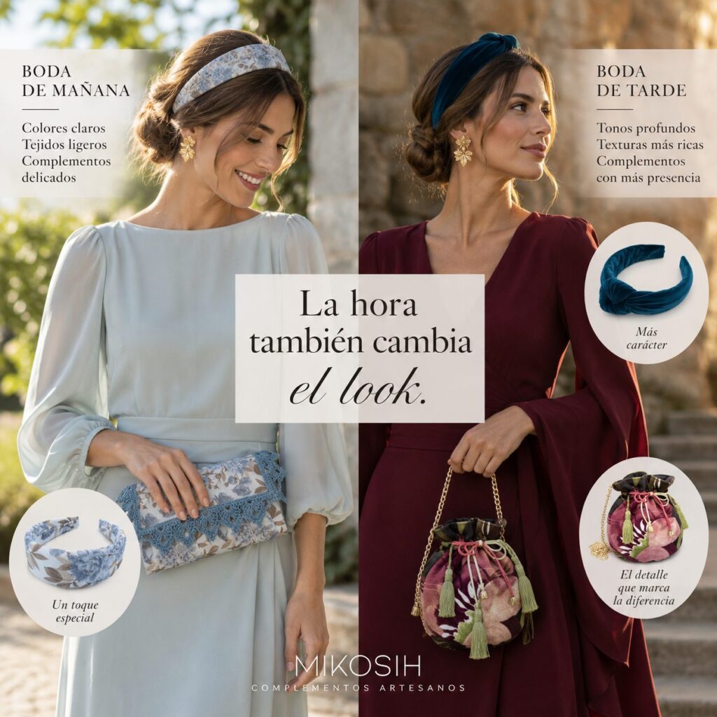 Comparativa entre look de invitada para boda de mañana y boda de tarde con complementos artesanales Mikosih