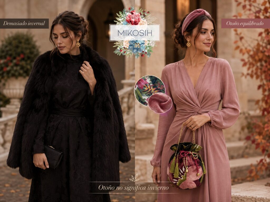 Comparativa entre un look de invitada demasiado invernal y un estilismo otoñal equilibrado con complementos Mikosih