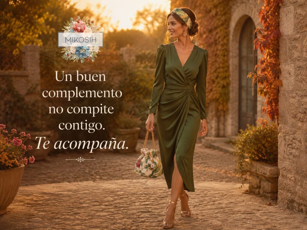 Invitada de otoño con vestido verde, diadema y bolso artesanal Mikosih en un entorno elegante al atardecer