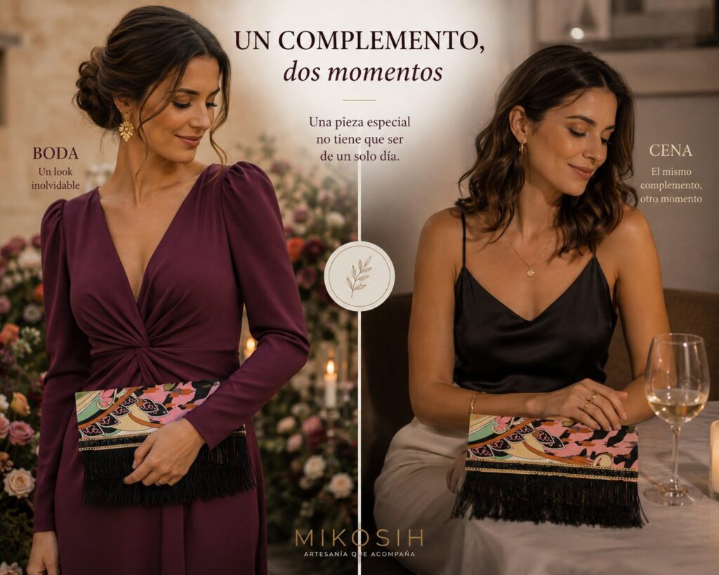 Comparativa de un bolso Mikosih usado en un look de boda y en un estilismo más sencillo para cena o evento