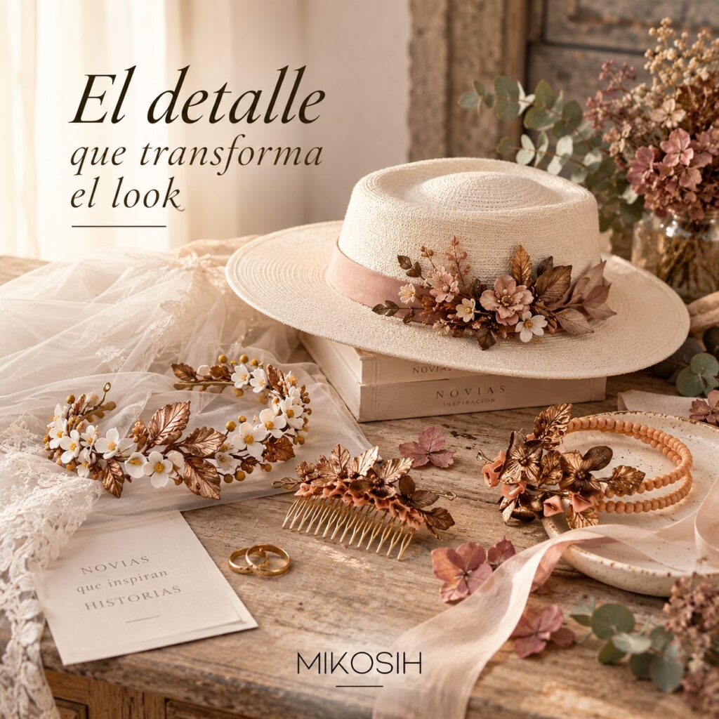 Bodegón de complementos de novia de otoño con tocados, diadema y sombrero Mikosih