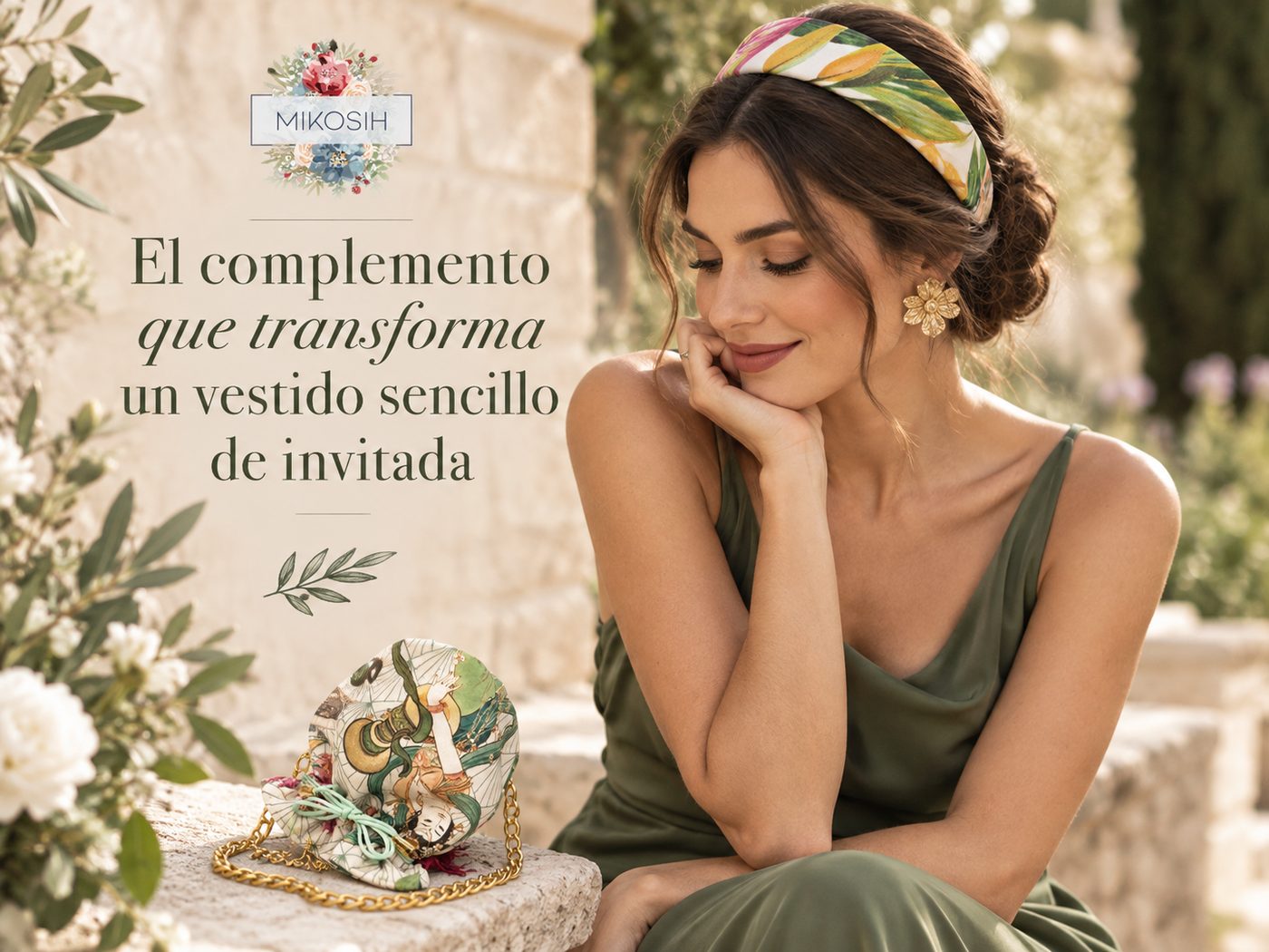 Invitada con vestido sencillo verde, diadema y bolso artesanal Mikosih