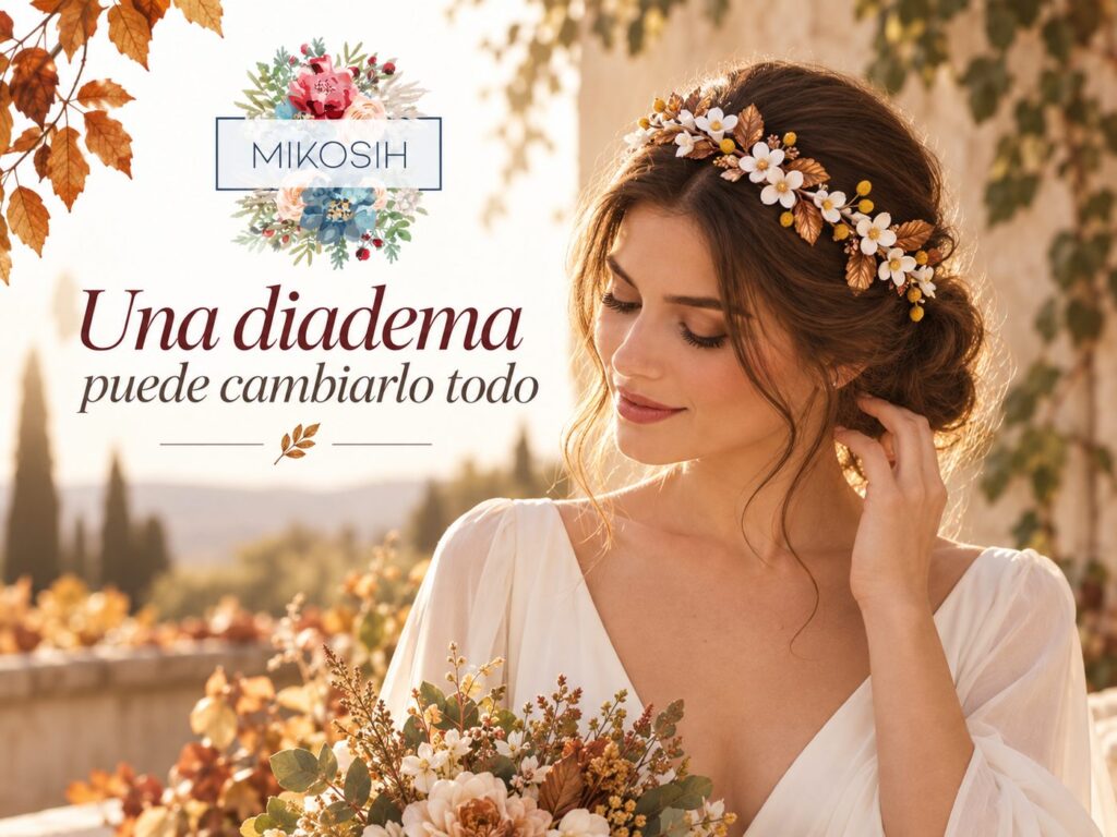 Novia de otoño con diadema artesanal floral Mikosih y recogido bajo