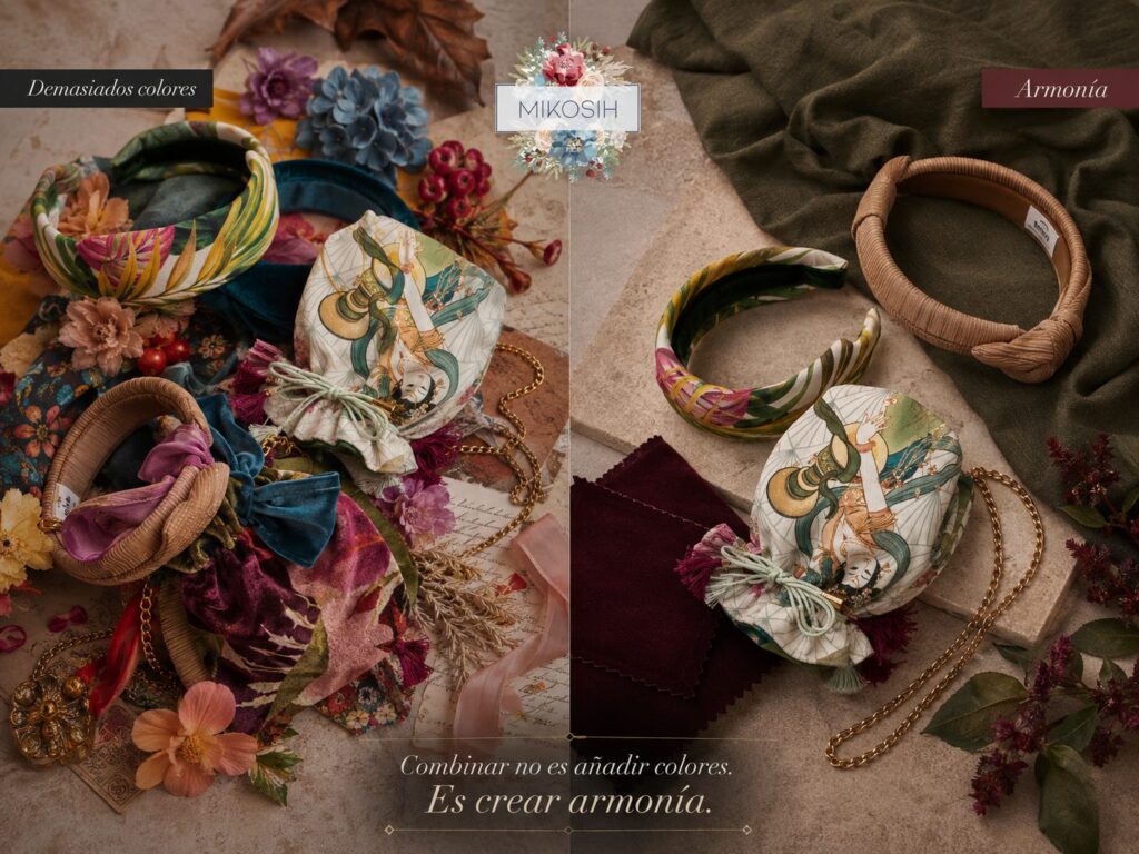 Comparativa entre un look de invitada con demasiados colores y una combinación armoniosa con complementos Mikosih