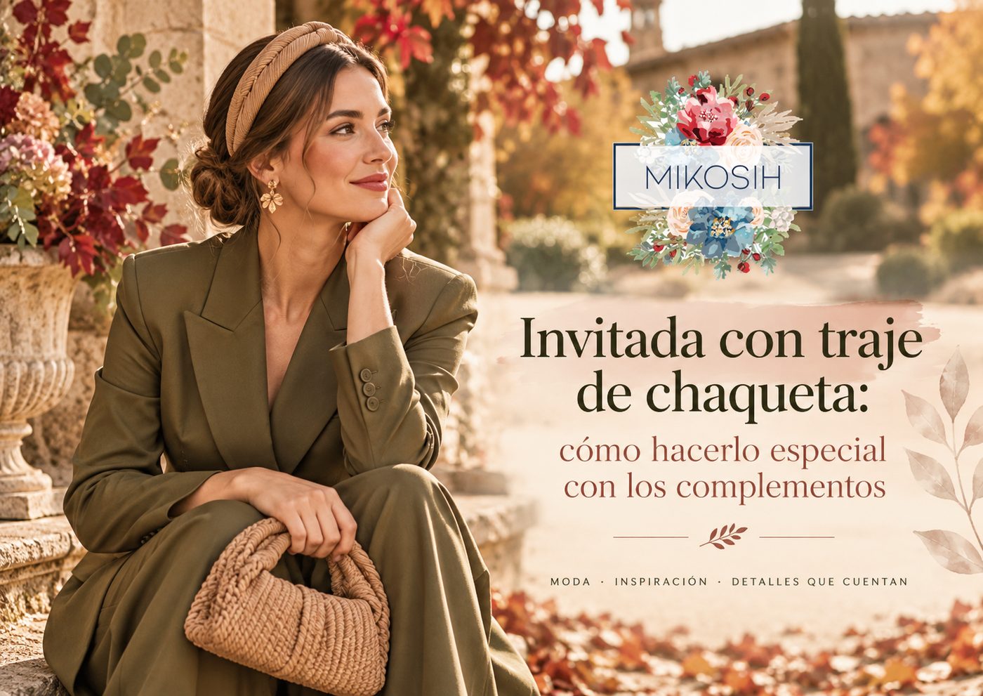 Invitada con traje de chaqueta verde oliva y diadema artesanal Mikosih en otoño