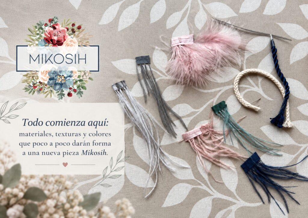 Materiales y primeras fases del proceso artesanal de un complemento Mikosih