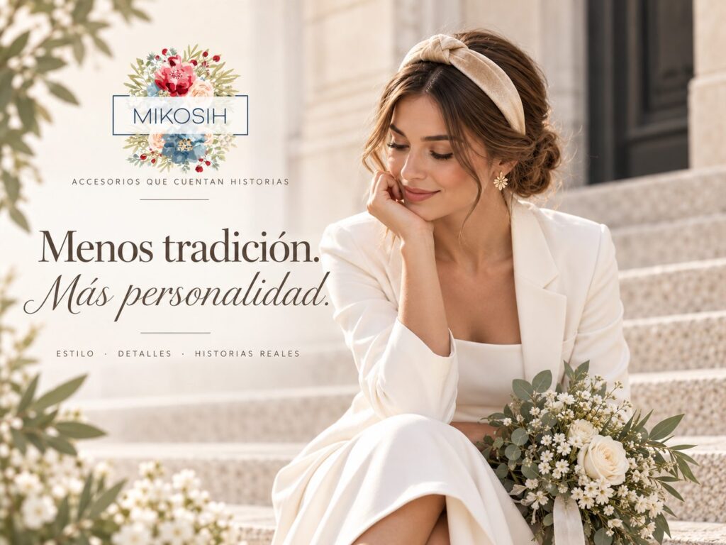 Novia civil con traje blanco y diadema artesanal Mikosih en tonos neutros