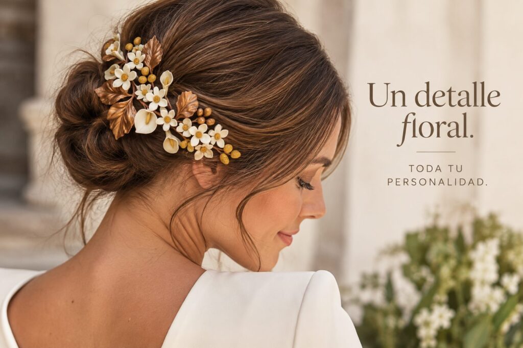 Novia civil con tocado floral artesanal Mikosih en tonos marfil y dorado