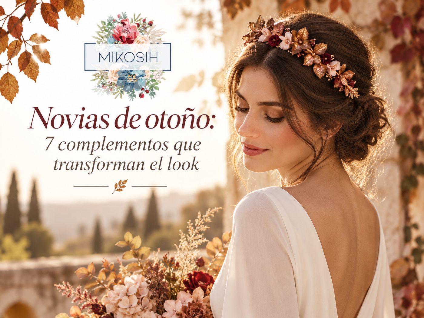 Novia de otoño con tocado floral artesanal Mikosih y vestido marfil