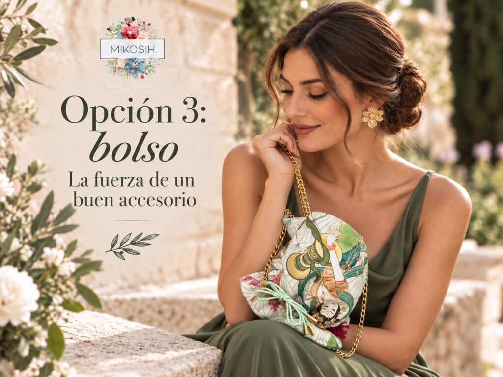 Invitada con vestido verde sencillo y bolso artesanal Mikosih