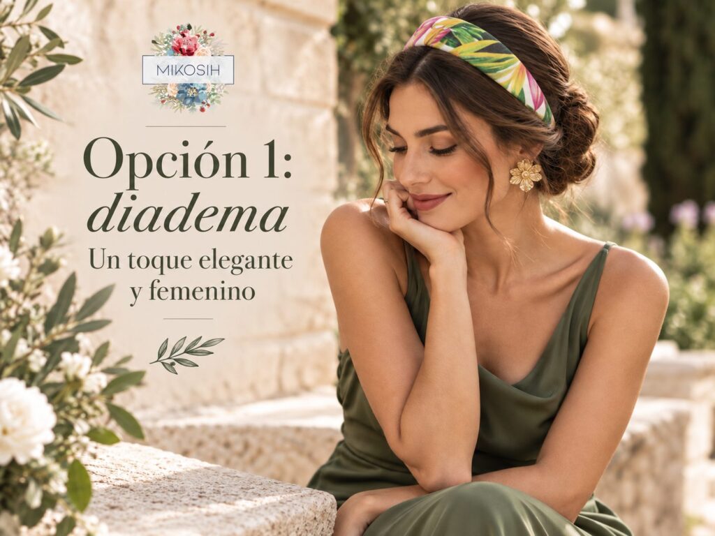 Invitada con vestido verde sencillo y diadema artesanal Mikosih