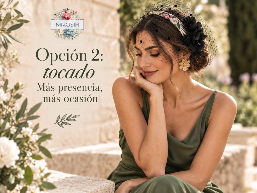 Invitada con vestido verde sencillo y tocado artesanal Mikosih