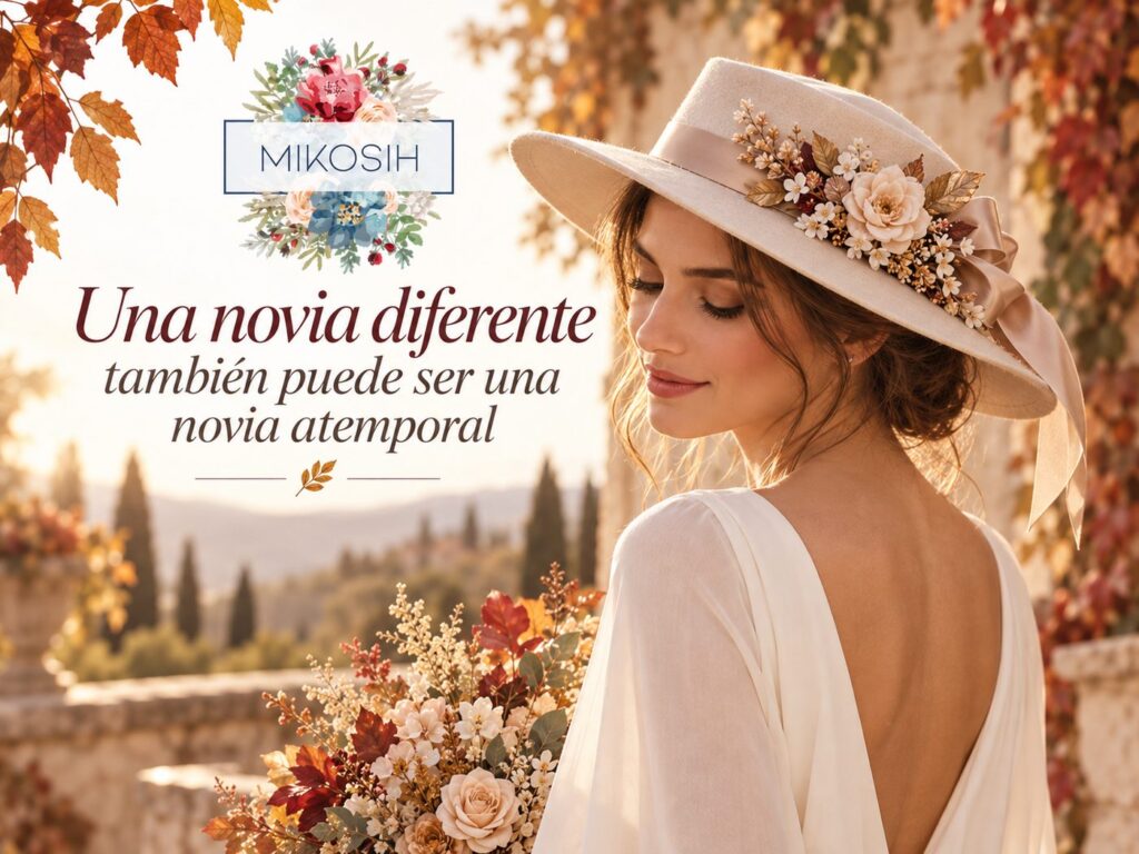 Novia de otoño con sombrero artesanal marfil Mikosih y vestido minimalista