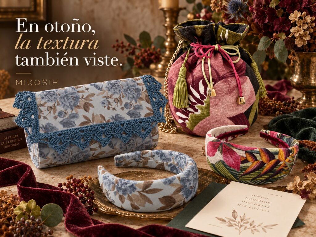 Bodegón de complementos artesanales Mikosih con bolsos, diademas, terciopelo y flores en tonos otoñales
