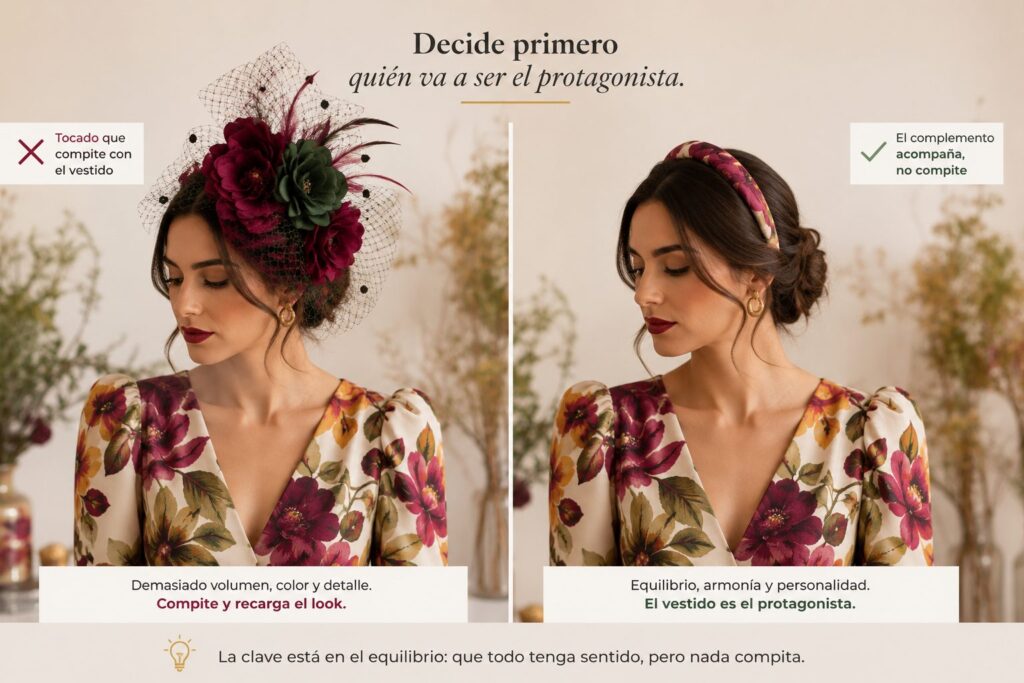 Comparativa entre un tocado demasiado protagonista y una diadema equilibrada con vestido estampado Mikosih