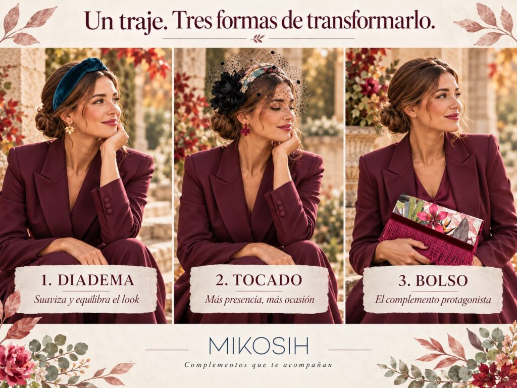 Comparativa de traje de invitada con diadema, tocado y bolso Mikosih