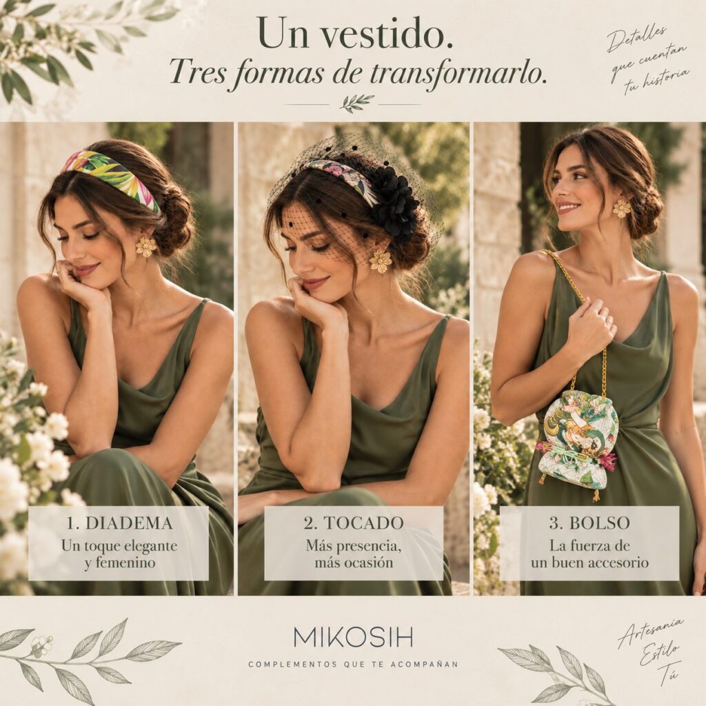 Comparativa de un vestido sencillo de invitada con diadema, tocado y bolso Mikosih